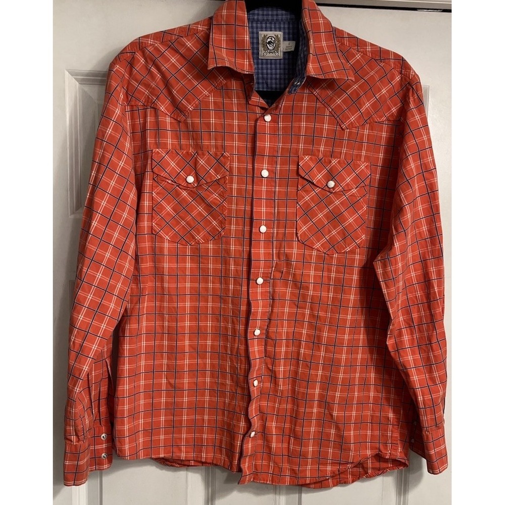 Cinch Pearl Snap Shirt Men Small Long Sleeve Orange Plaid Cowboy Western Rips